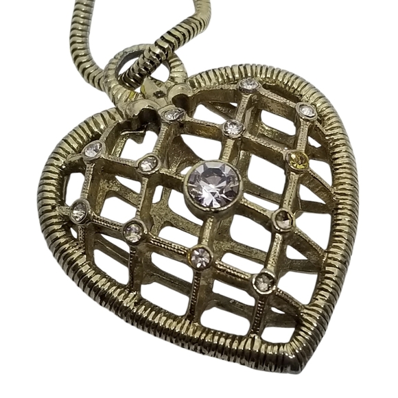 VINTAGE LONG SNAKE CHAIN WITH CRYSTAL DETAILED CAGED HEART PENDANT NECKLACE - Picture 4 of 8